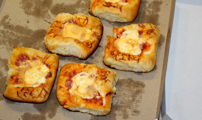  Mini pizza. A party. Bakery products. Handmade. Snack. Fast food. Tasty food.