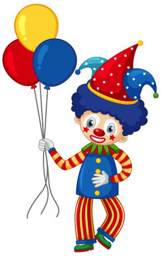 Circus clown character with colorful balloons on white background