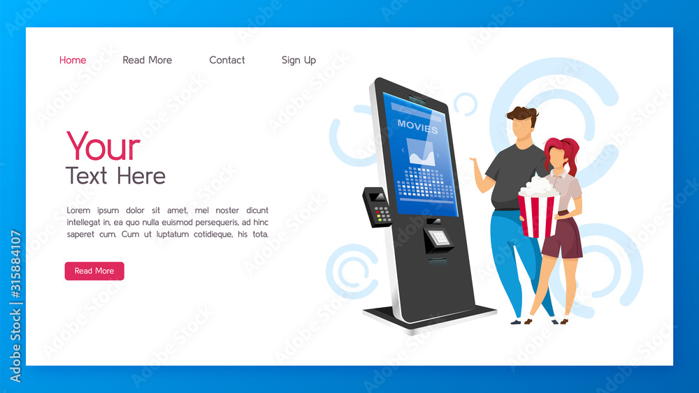 Wall mural tickets kiosk landing page vector template. cinema self service machine website interface idea with 