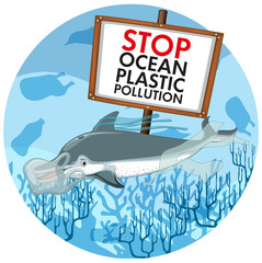 Pollution control scene with dolphin and plastic bags