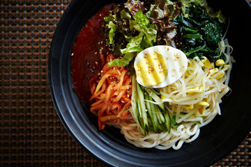 Korean mixed soba noodle with spicy sauce 