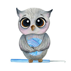 Set gray owl with a blue clew on a white background. Watercolor in cartoon style.