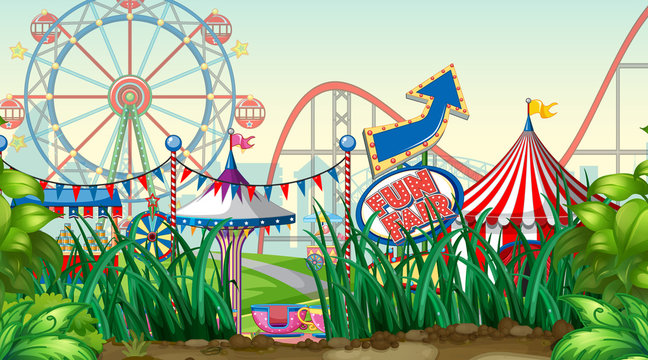 Scene with roller coaster and ferris wheel in the park