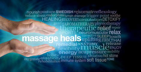 Massage heals word tag cloud - male parallel hands with the words MASSAGE HEALS floating between...