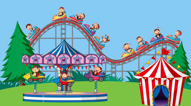 Background scene with happy monkeys riding rides in the park