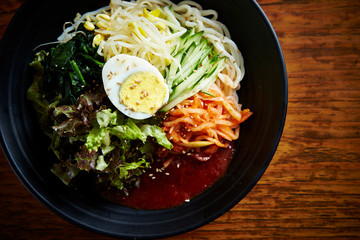Korean mixed soba noodle with spicy sauce 