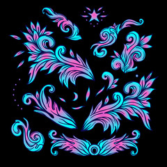 Set of vintage floral pattern design elements. Victorian Motif, tattoo design element. Bouquet concept art. Isolated vector illustration in line art style.