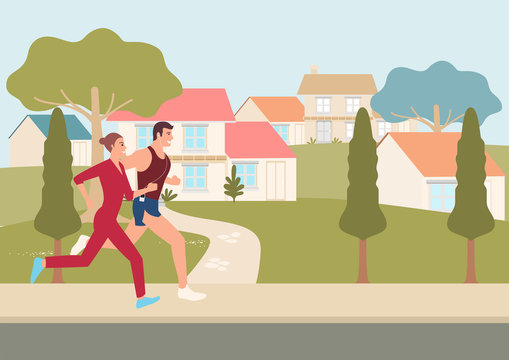 Couple Jogging And Running Outdoors In Neighborhood