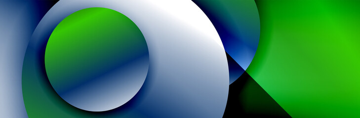 Dynamic trendy geometrical abstract background. Circles, round shapes 3d shadow effects and fluid gradients. Modern overlapping round forms