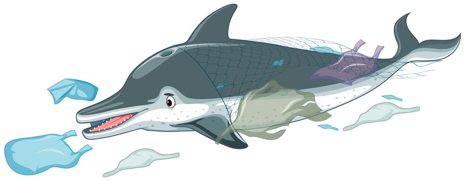 Dolphin with plastic bags on white background