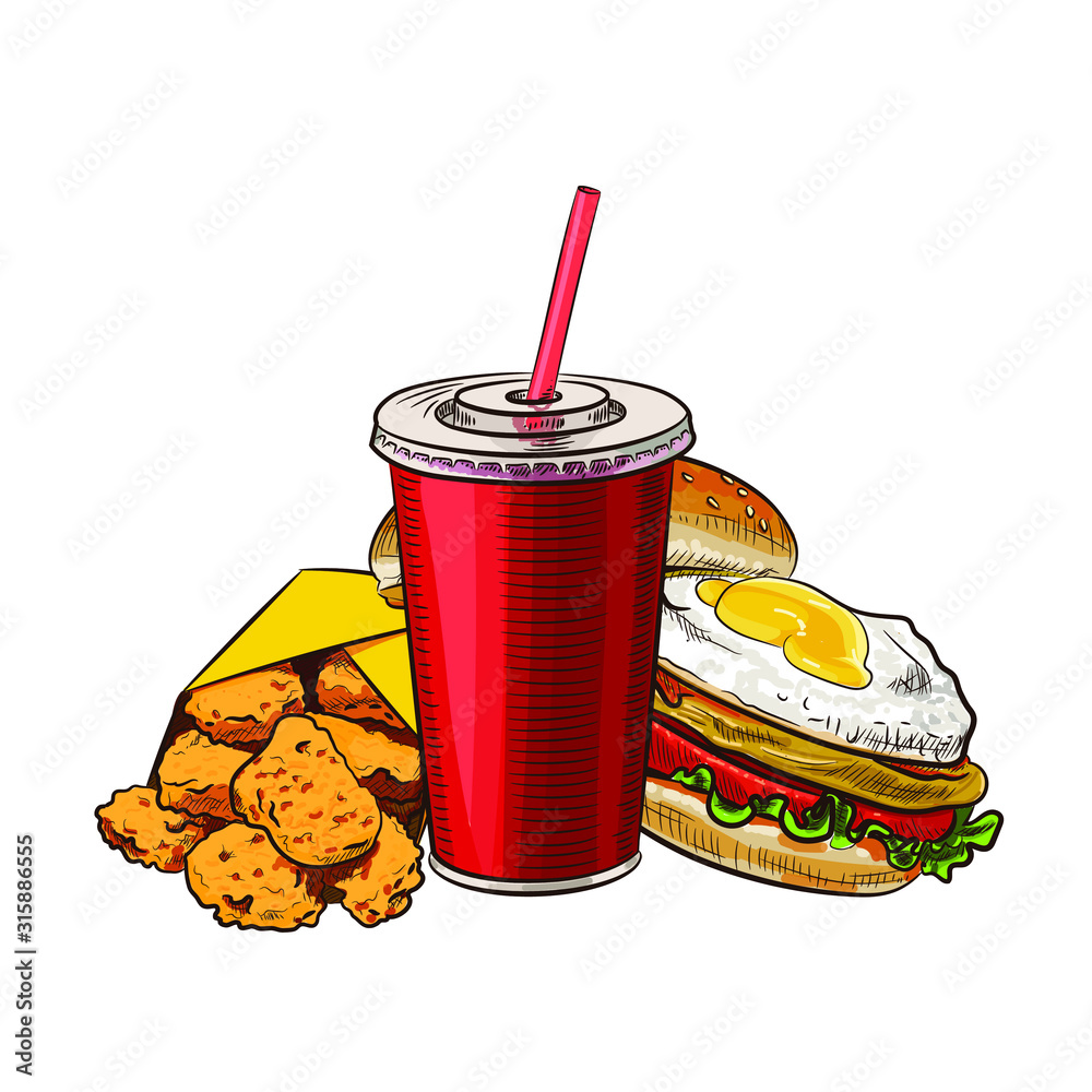 Wall mural fast food combo sketch for fastfood restaurant or bistro. vector cheeseburger burger or hotdog sandw