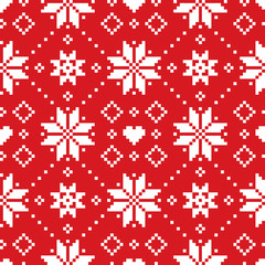 Fototapeta na wymiar Christmas or winter Scottish Fair Isle style traditional knitwear vector seamless pattern with white snoflakes on red background