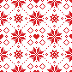 Obraz premium Christmas or winter Scottish Fair Isle style traditional knitwear vector seamless pattern with red snoflakes on white background