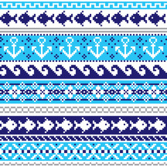 Scottish Fair Isle style traditional knitwear vector seamless pattern, marine style design with anchors, fish, and sea or ocean waves