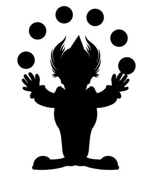 recommend clip art: Cartoon silhouette of a clown juggling balls on a white background.