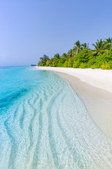 Tropical beach scene, blue sea and palm trees and white sand, summer vacation and holiday...