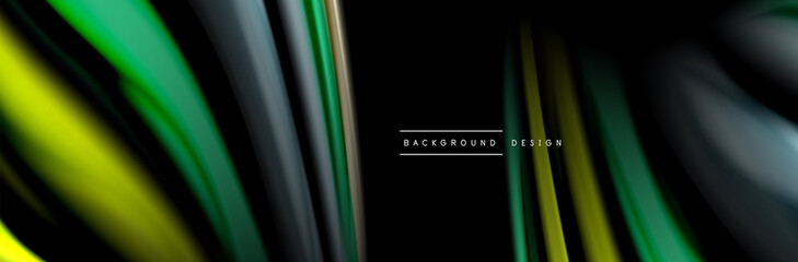 Silk and smooth flow wave poster design. Color waves, liquid style lines and shapes in black color background