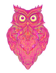 Cute abstract owl and psychedelic ornate pattern. Character tattoo design for pet lovers, artwork for print, textiles. Detailed vector illustration. Totem animal.