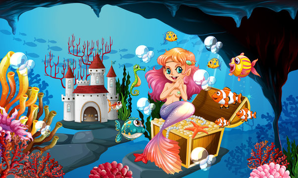 Mermaid and golden coins under the sea