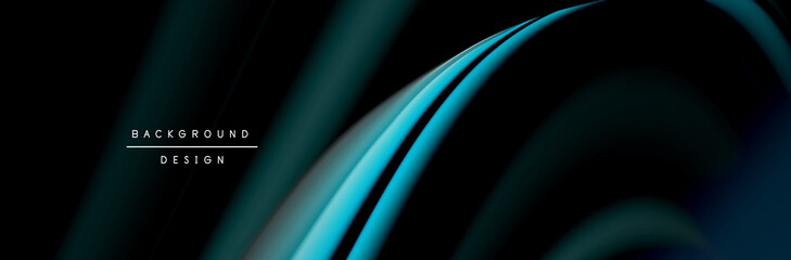 Сolorful flow poster. Wave liquid lines and shapes in black color background. Vector Illustration