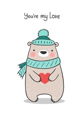 Cute kind hand drawn bear in scarf with heart. Happy Valentines day flat vector design for gift cards or kids design