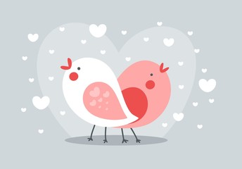 A couple of birds singing in love. Happy Valentines day simple flat vector illustration