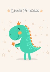 Cute funny dinosaur with crown and magic wand. Flat vector illustration for kids fashion