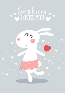 Cute white little bunny with red heart. Valentines day flat vector illustration for gift cards and kids fashion