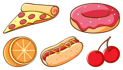 Set of fast food and fresh fruits on white background
