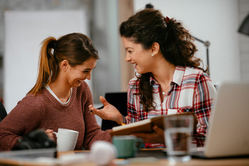 Two women working together.  Beautiful colleagues working on project. 