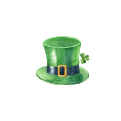 Leprechaun green hat with shamrock isolated on white background. Happy Saint Patrick's Day clipart for greeting cards, invitations, banners. Watercolor hand drawn illustration.