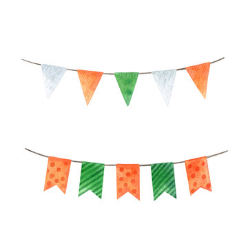 Two vintage flag garlands isolated on white background. Happy Saint Patrick's Day decoration for greeting cards, invitations, banners. Watercolor hand drawn illustration. Handmade clipart.