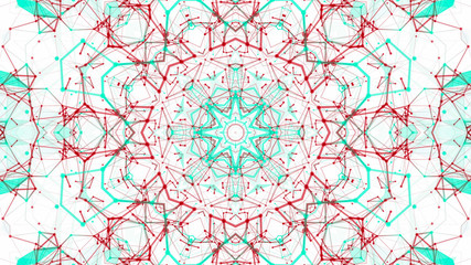 abstract kaleidoscope pattern. red-turquoise shapes on a white background. 3d render illustration.