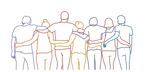 Tourism, travel, people, leisure and teenage concept - group of happy friends hugging. Colour line drawing vector illustration.