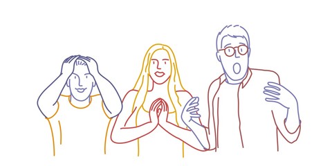 Emotional group of people. Colour line drawing vector illustration.
