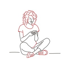 Obraz premium Woman sitting with legs crossed and holding mobile phone. Colour line drawing vector illustration.