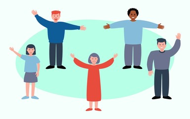 Group of smiling teenagers and girls or school friends waving hands