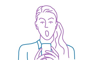 Surprised young woman using smart phone. Colour line drawing vector illustration.