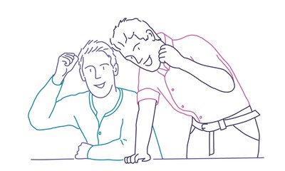 Two happy business people. Colour line drawing vector illustration.