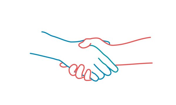 Handshake. Colour line drawing vector illustration.