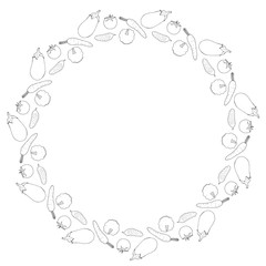 Round frame with vegetables 1. Isolated wreath with eggplant, tomato, cucumber, squash and carrot on white background. Vector image.