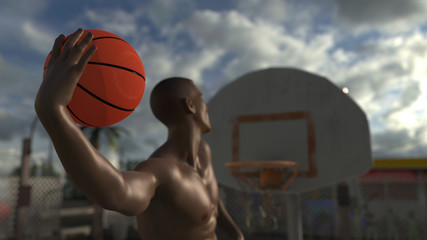 Great jump strong dunk is about to happen in street ball court 3d render © bekirevren