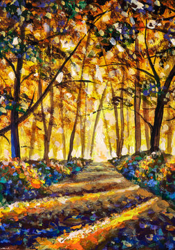 Autumn tree in gold orange autumn forest - original oil acrylic painting art © weris7554