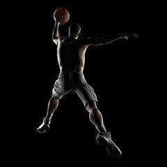 Great lightining on shirtless basketball player jumped high, view from back 3d render