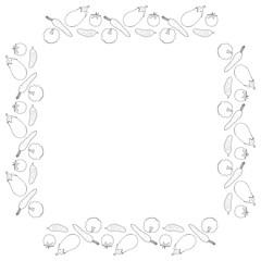 Square frame with vegetables 1. Isolated frame with eggplant, tomato, cucumber, squash and carrot on white background. Vector image.