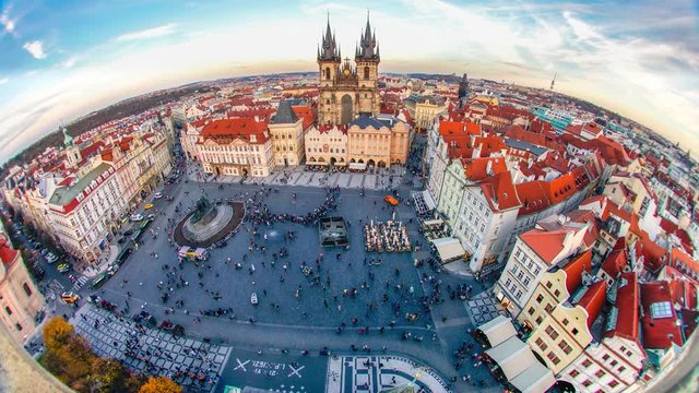 Timelapse of people walking in Old Town, Prague, Czech Republic. Fish-eye view.