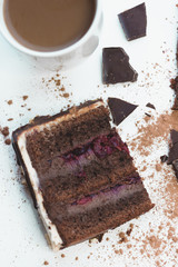 sweet chocolate cake piece on white background