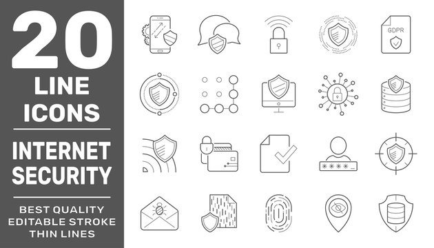 Internet services and database protection vector linear icons set. Collection of internet hosting and server data transfer icons isolated contour illustrations. Editable Stroke. EPS 10