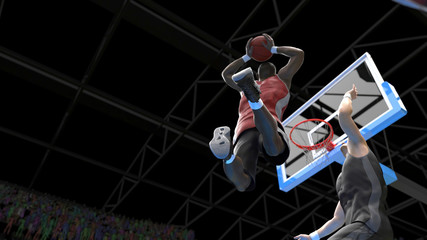 Two handed powerfull dunk hard to block or defend in basketball game 3d render