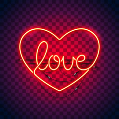 Valentines Day love glowing neon heart sign on red transparent background. Greeting card. Vector poster illustration for your holiday projects in retro-futuristic style.